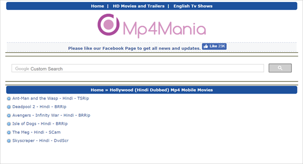 MP4Mania.mobi is one of the Top 10 Websites to Download New Hollywood Movies in Hindi 2019.