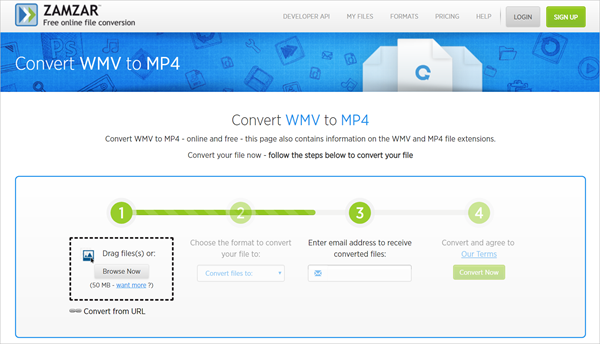 Zamzar is one of top 5 Best Free Online WMV to MP4 Converter.